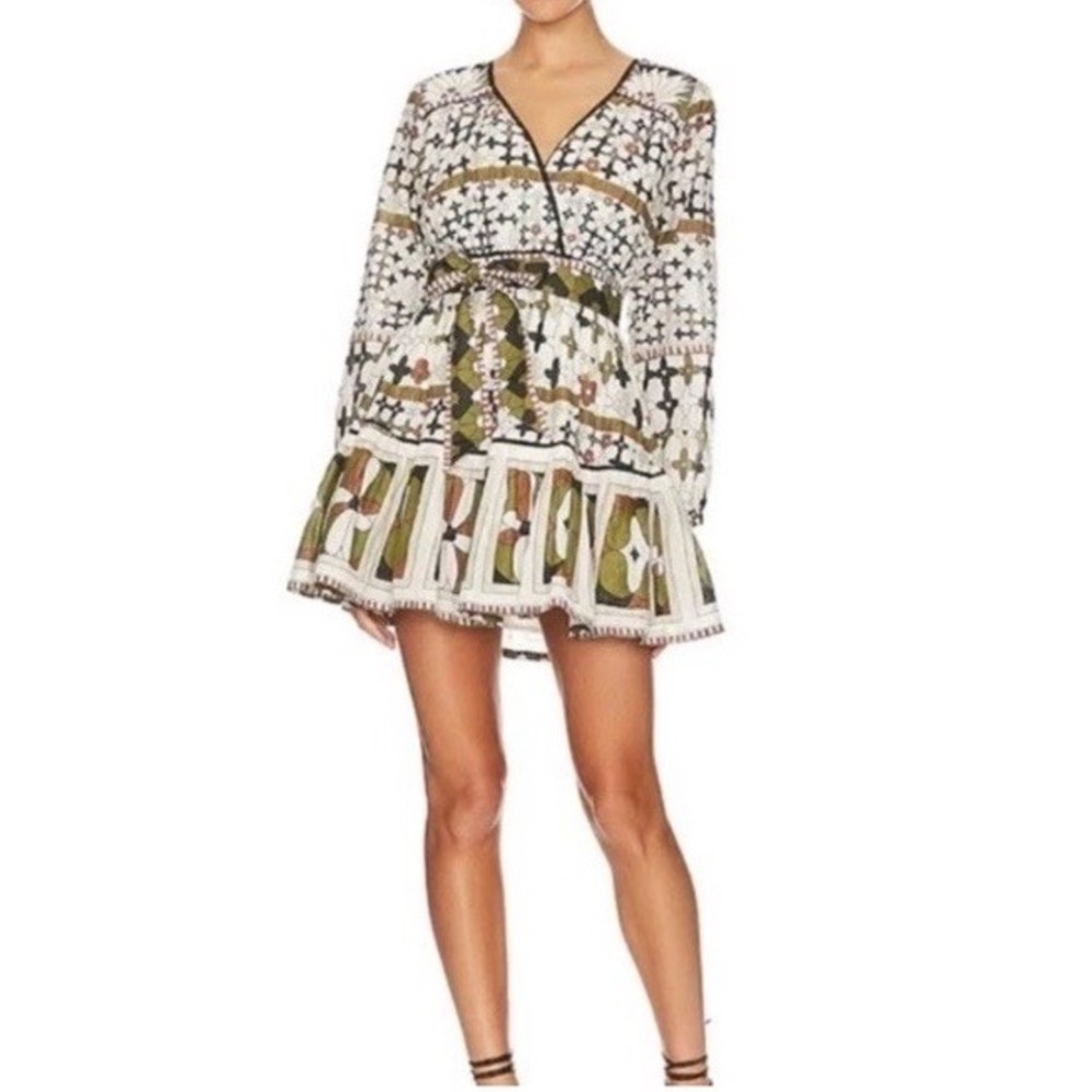 Cleobella Emory Mini Dress XS Art Deco Pockets Puff Sleeve Belted Tiered Lined